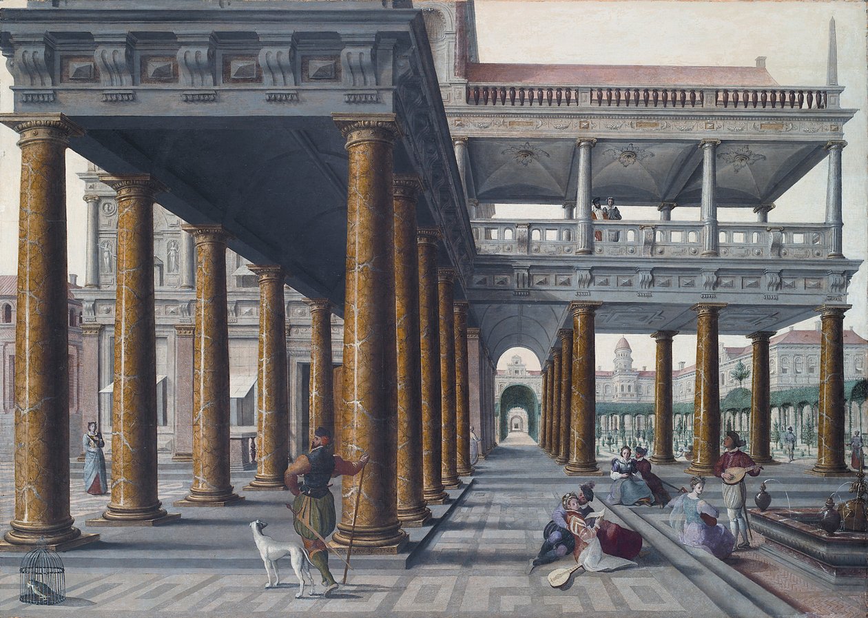 Architectonische Fantasie met Figuren door Hans or Jan Vredeman de Vries