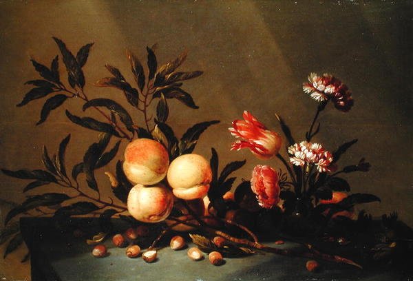 Stilleven met perziken en bloemen door Hans Bollongier