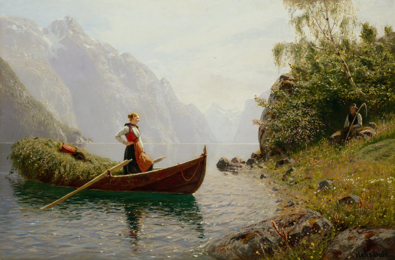 Vrouw en man in fjordlandschap door Hans Dahl