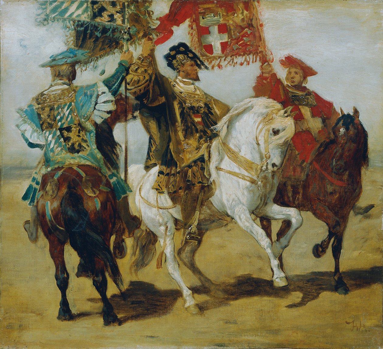 Drie bereden vaandeldragers door Hans Makart