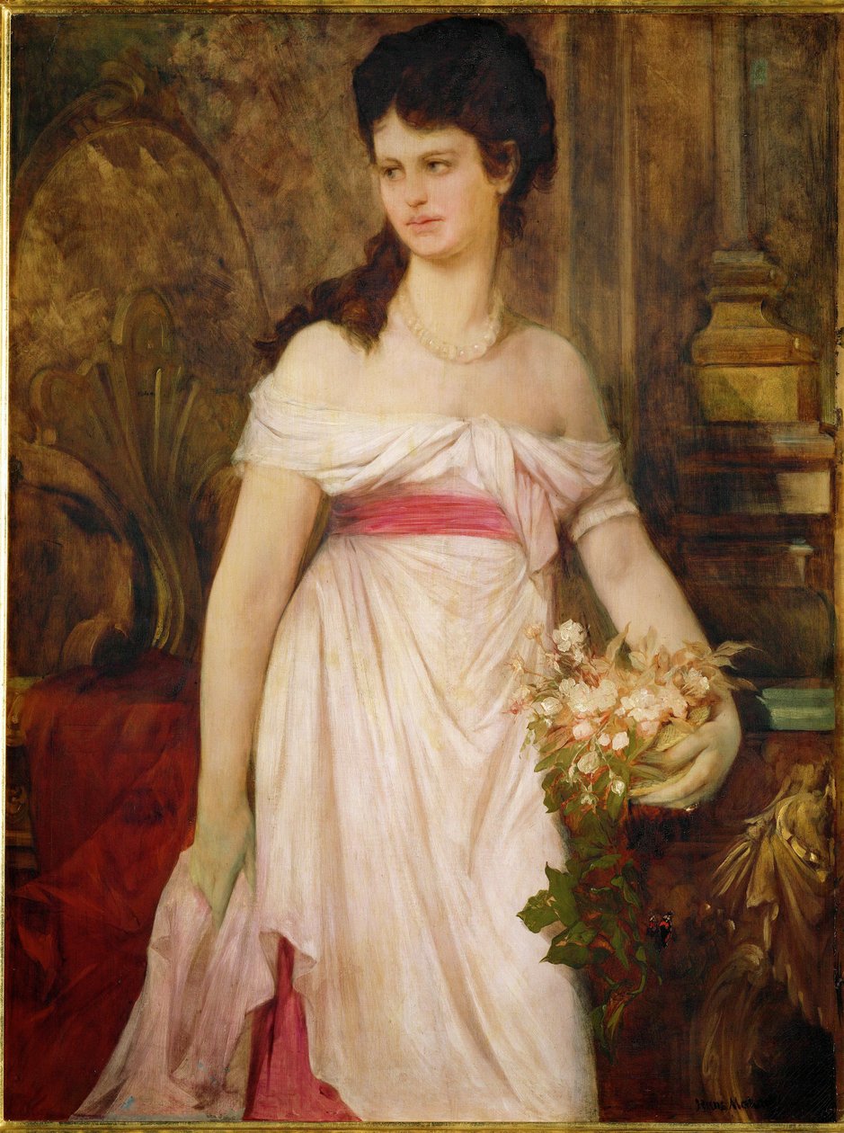 Dame in het wit ... (schilderij op doek) door Hans Makart