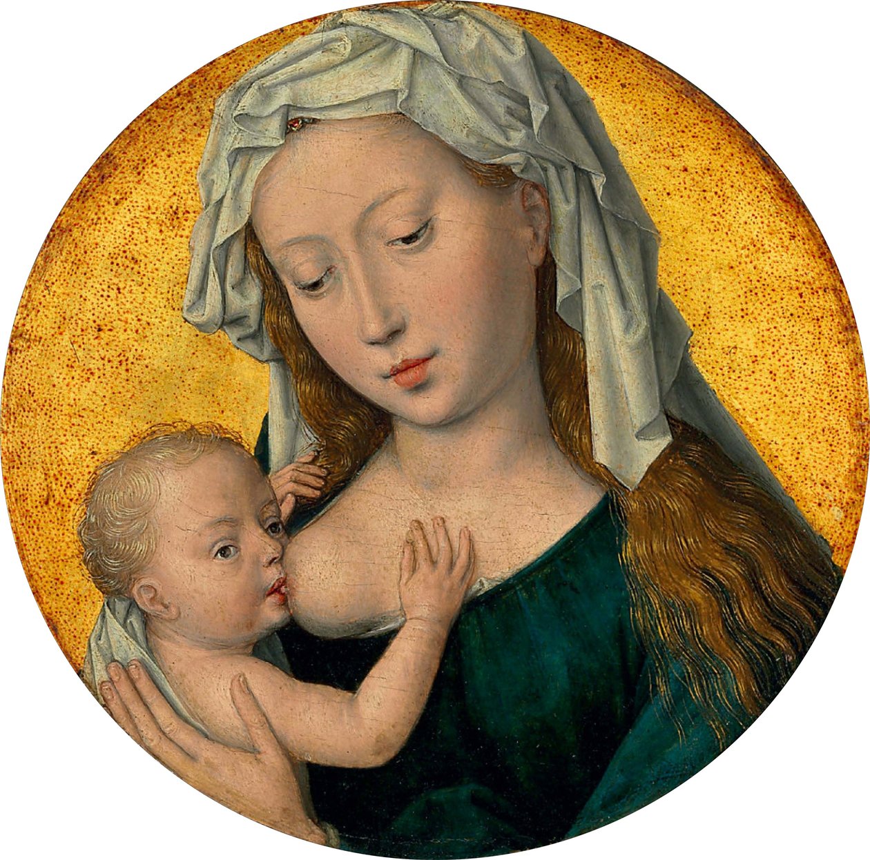 De Maagd Maria die het Christuskind voedt door Hans Memling