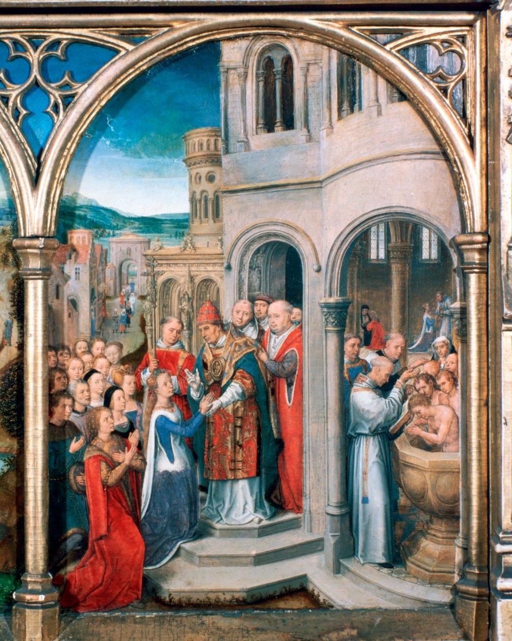 Sint-Ursula Schrijn, Aankomst in Rome, 1489 door Hans Memling