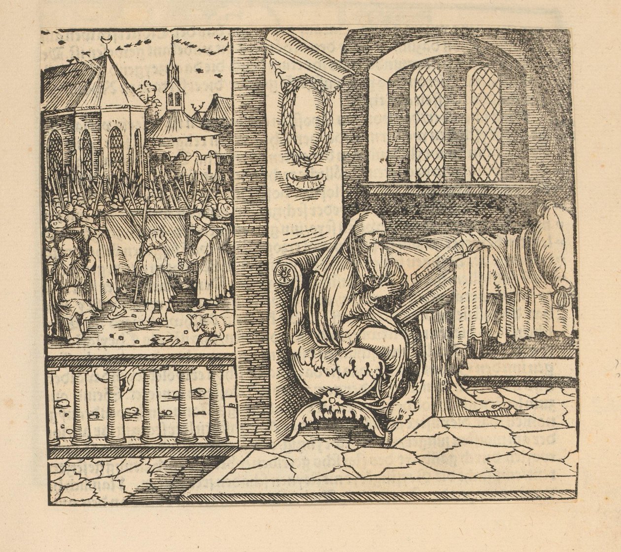 Biddende vrouw en begrafenisstoet door Hans Schäufelein (possibly)