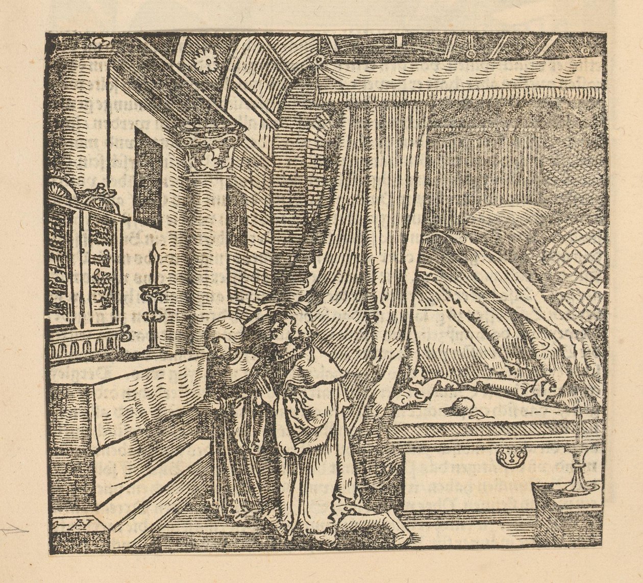 Twee biddende mensen in een slaapkamer door Hans Schäufelein (possibly)