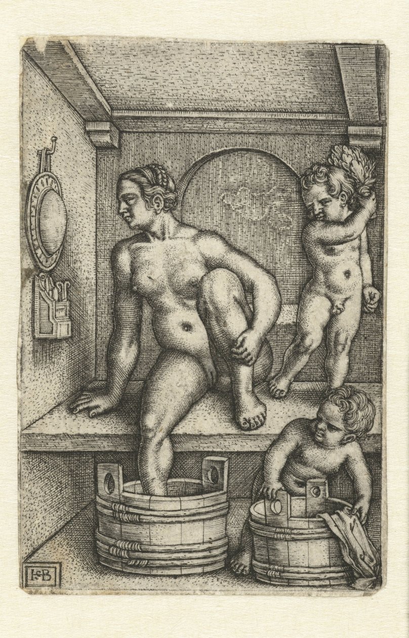 Vrouw met twee kinderen in badkamer door Hans Sebald Beham