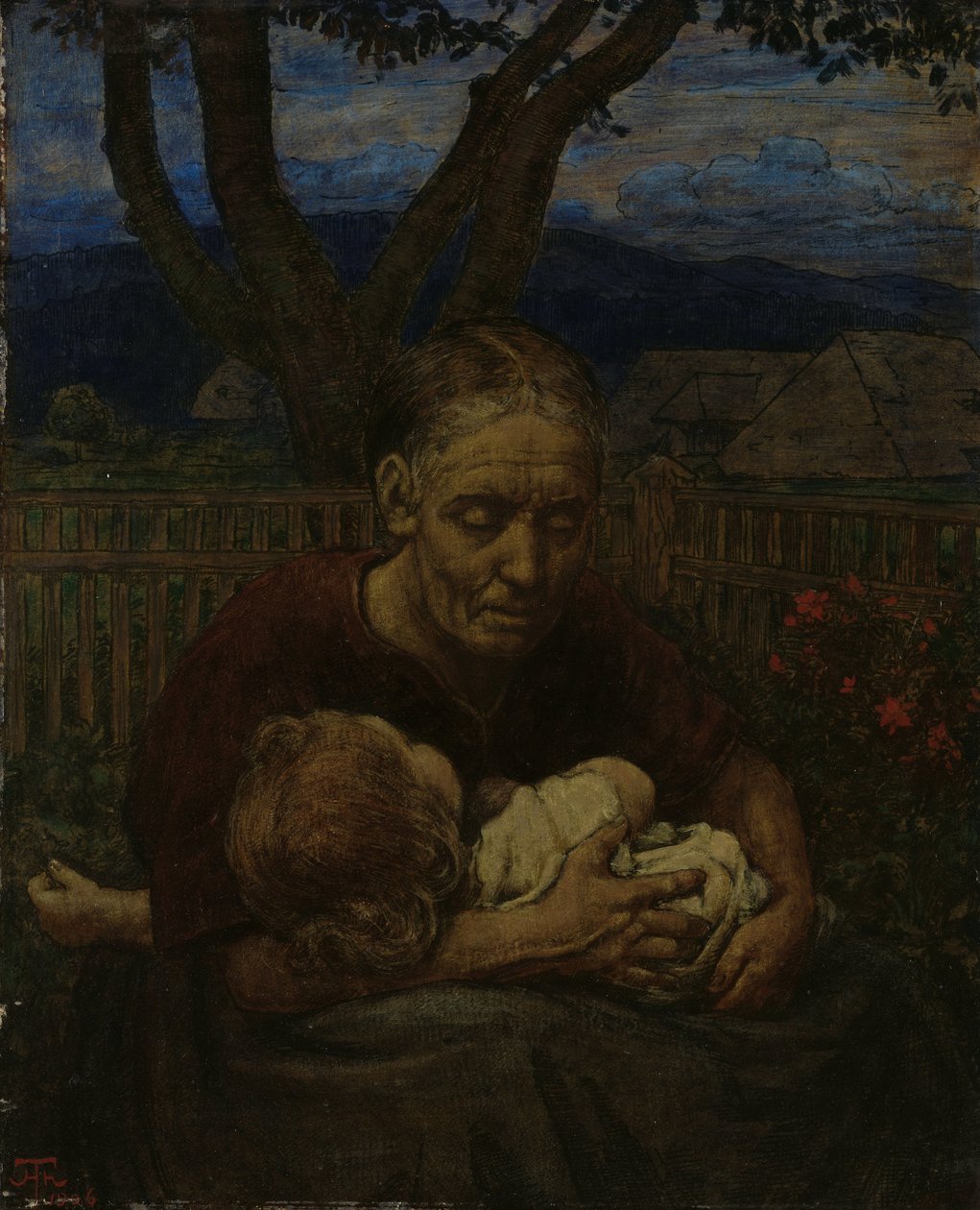 Moeder en kind in een tuin door Hans Thoma