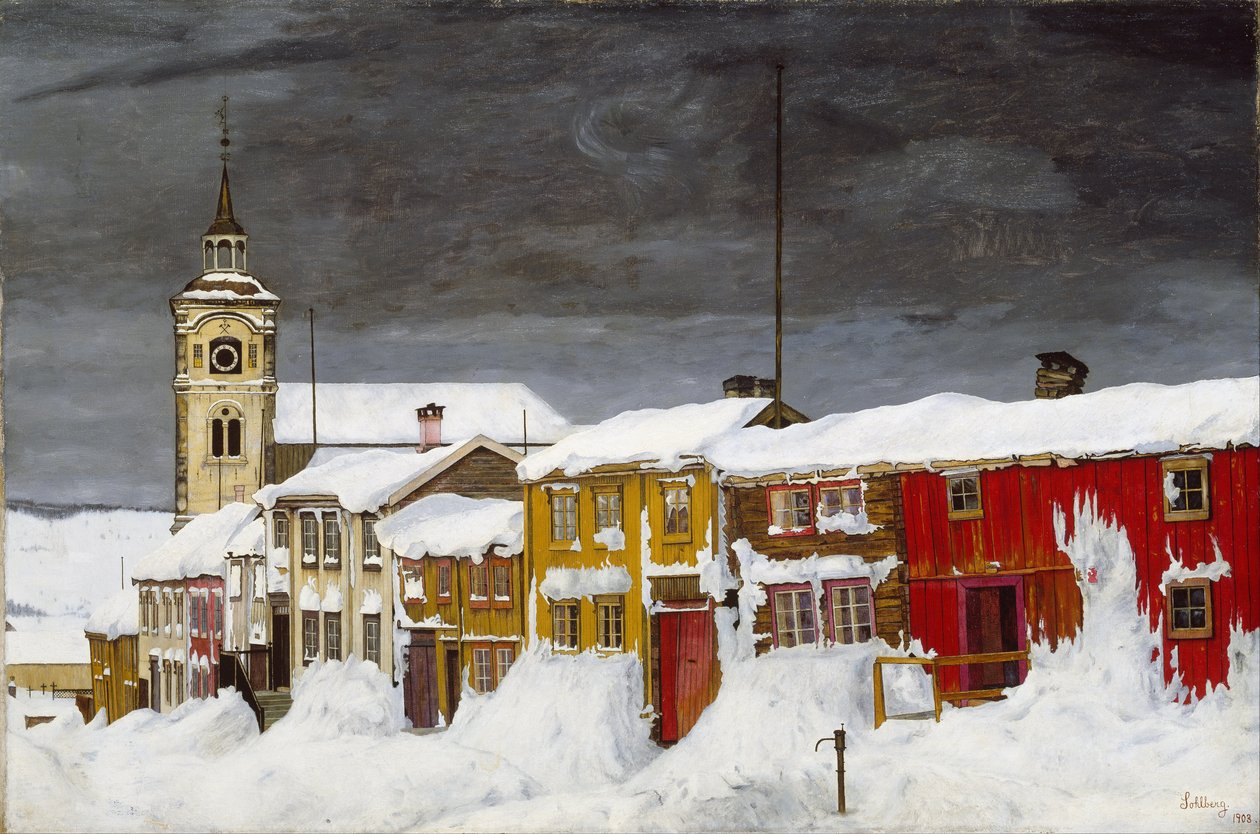 Straat in Røros in de Winter door Harald Sohlberg
