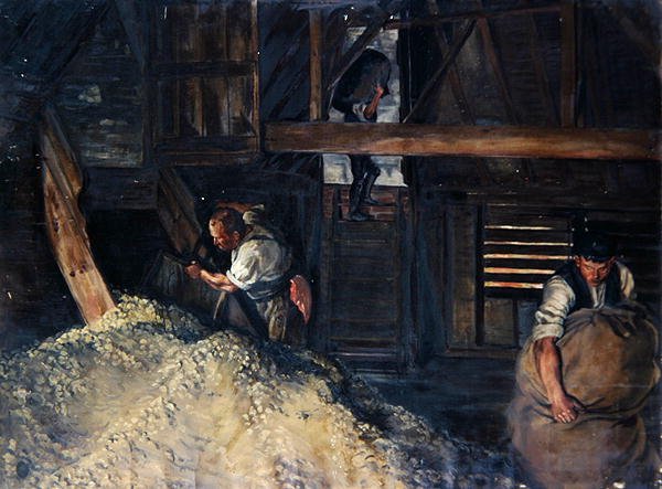 Arbeiders: Werkers die hop in zakken doen door Harold Oakley