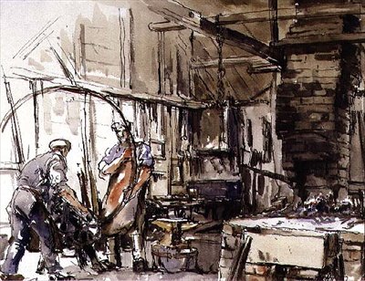 Een band buigen, de werkplaats van de wagenmaker door Harry Morley