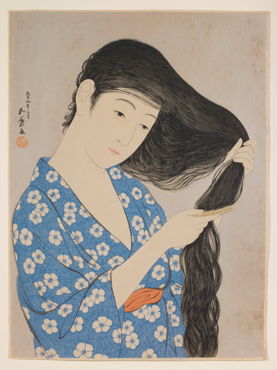 Vrouw die haar haar kamt door Hashiguchi Goyô