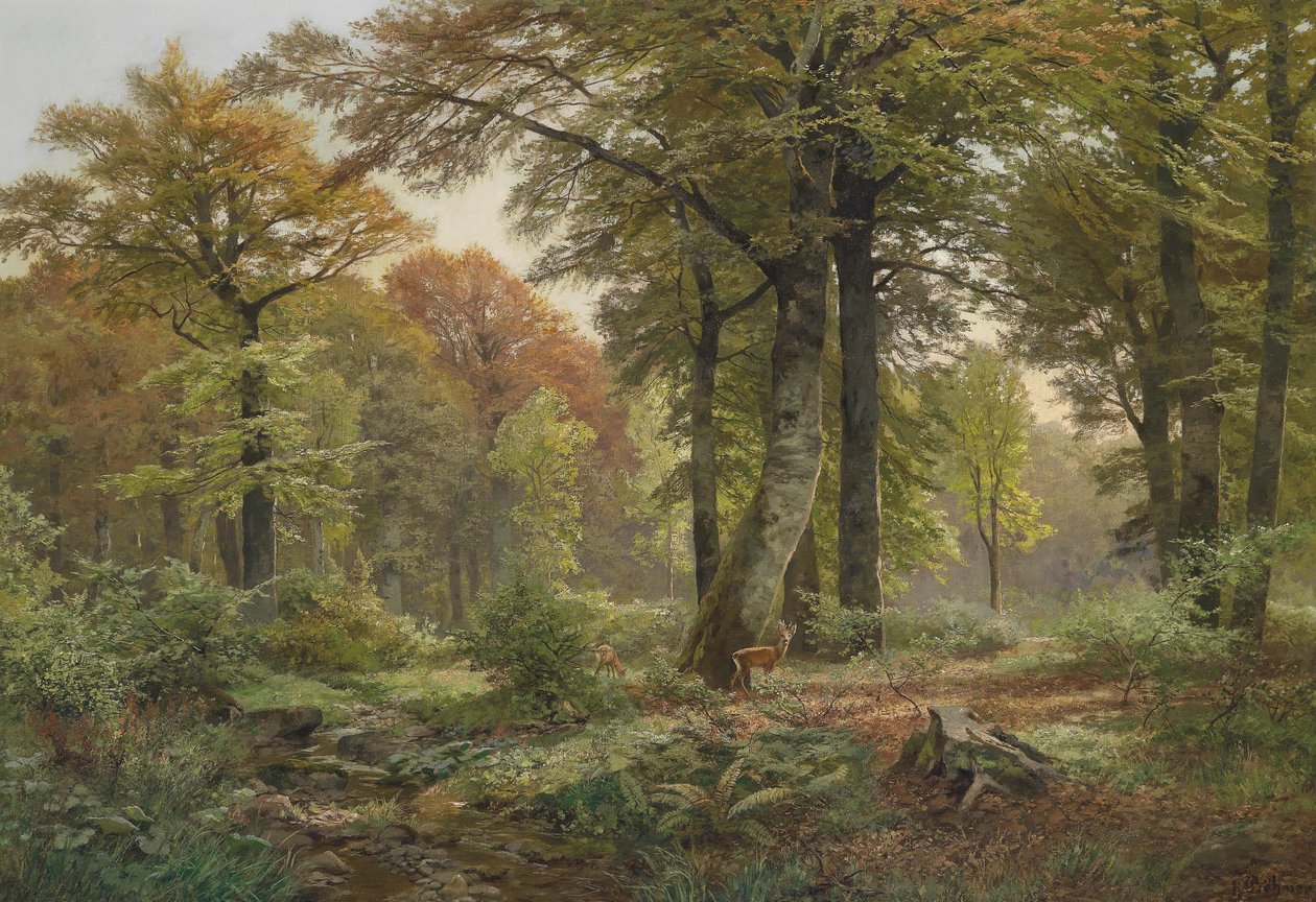 Kleine boslichting met reeën door Heinrich Bohmer