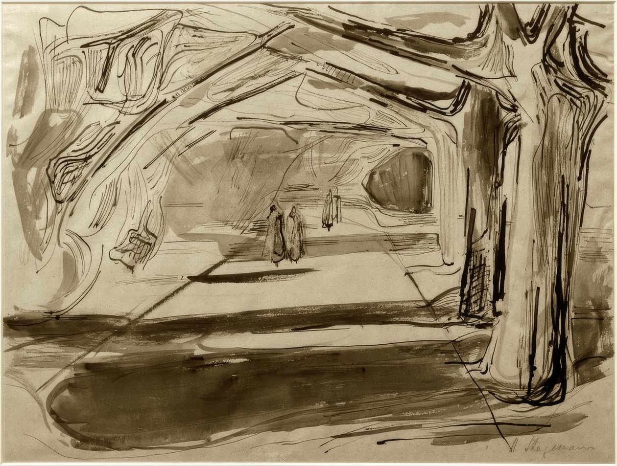 Wandelaars onder bomen door Heinrich Stegemann