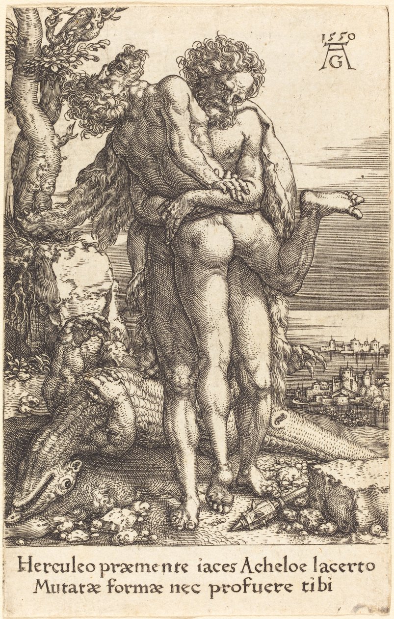 Hercules vecht tegen de riviergod Achelus door Heinrich Aldegrever