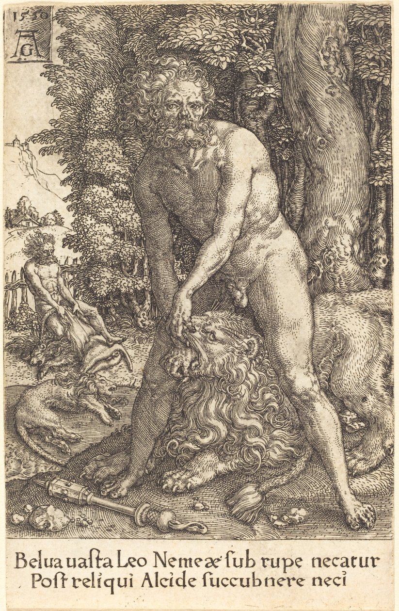 Hercules doodt de leeuw van Nemea door Heinrich Aldegrever