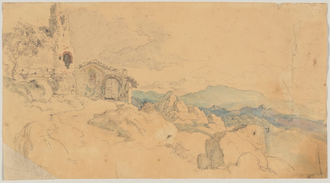 Berglandschap met hut en ruïne door Heinrich Burkel