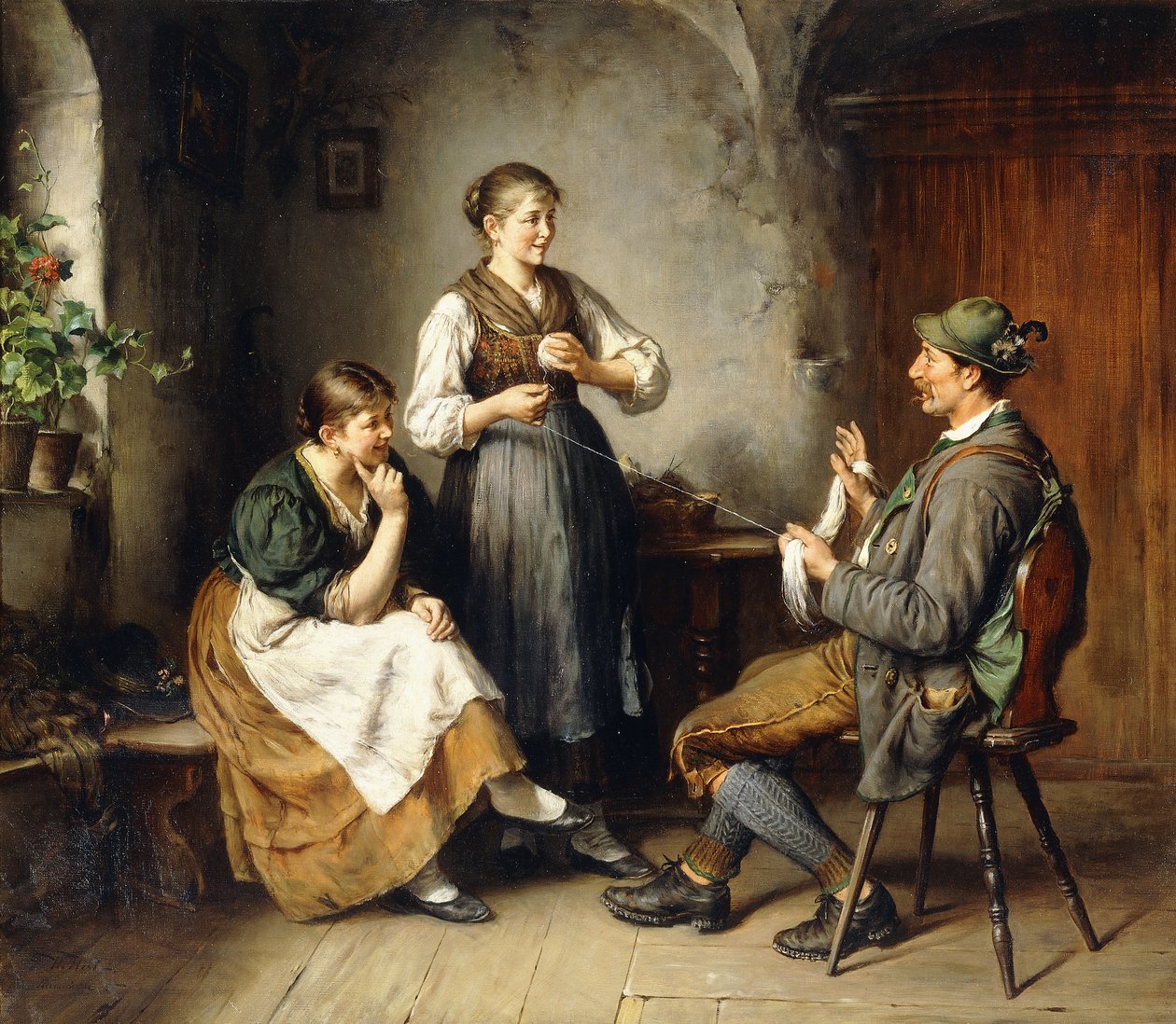 Drie figuren in een interieur door Heinrich Hirt