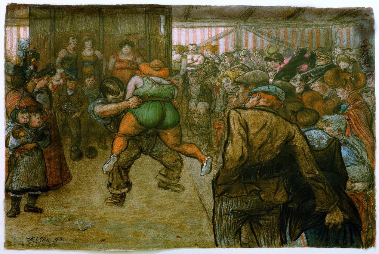 Worstelen in de kermistent door Heinrich Zille