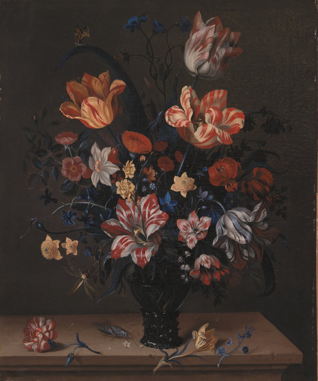 Tulpen en andere bloemen in een roemer door Helena Roouers