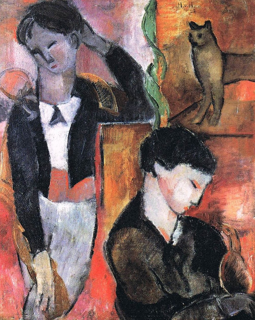 Twee kinderen, een kat en een vogel door Helmut Kolle