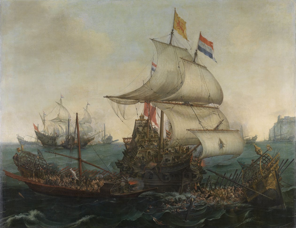 Nederlandse schepen rammen Spaanse galeien voor de Engelse kust, 3 oktober 1602 door Hendrick Cornelisz. Vroom