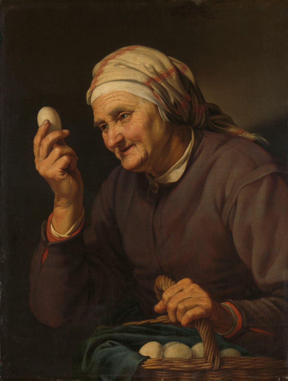 Oude vrouw die eieren verkoopt door Hendrick Bloemaert