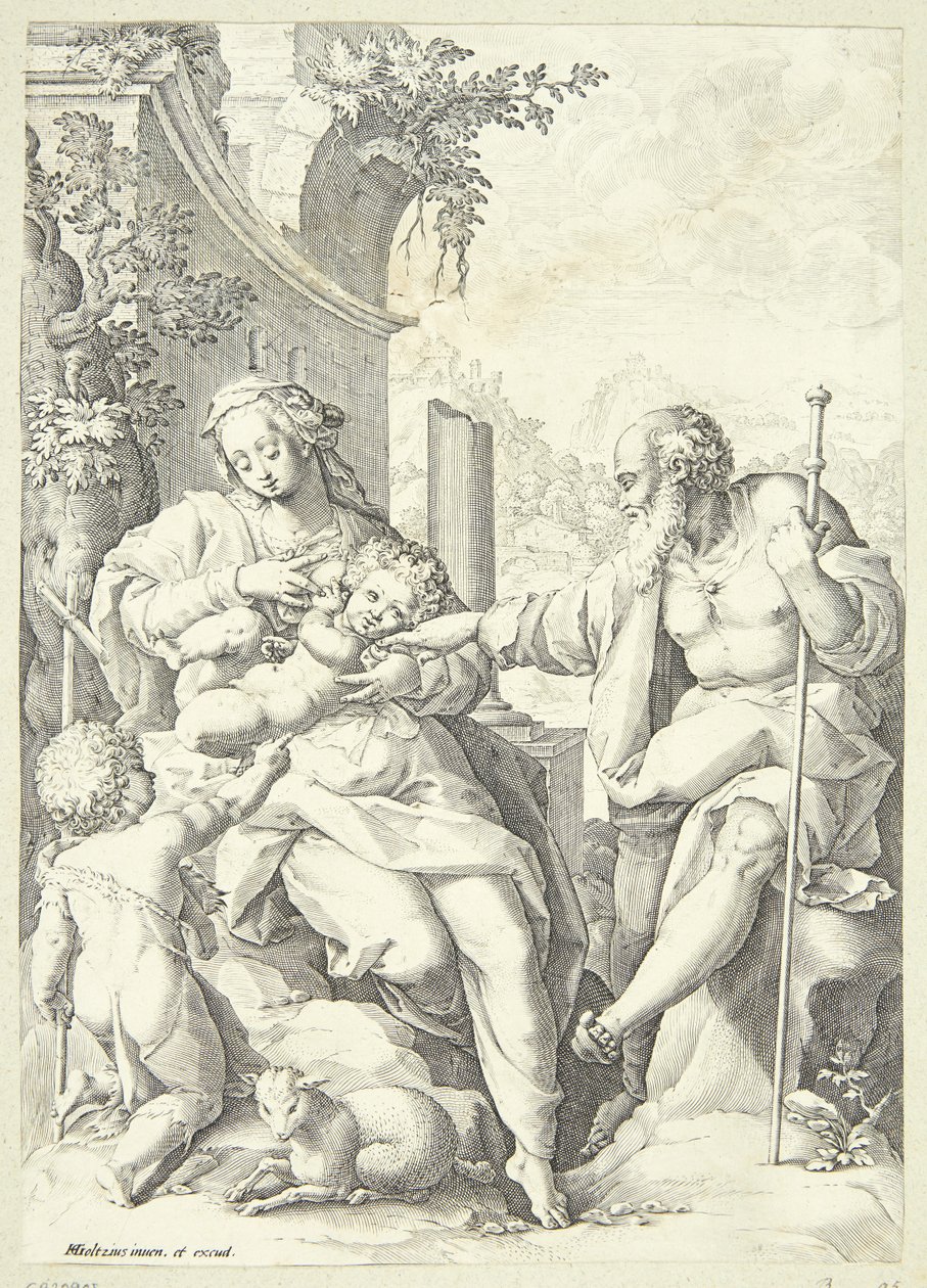 De Heilige Familie met de kleine Johannes door Hendrick Goltzius