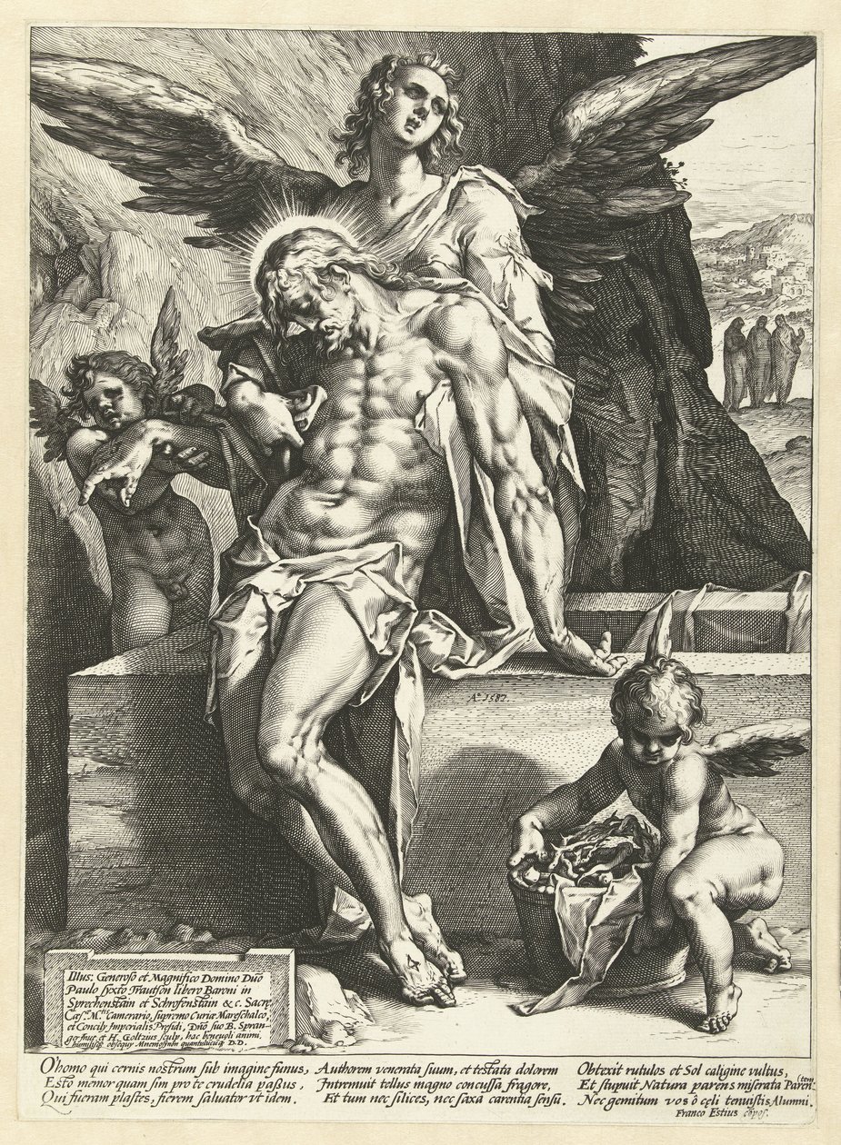 Engelen dragen het lichaam van Christus door Hendrick Goltzius