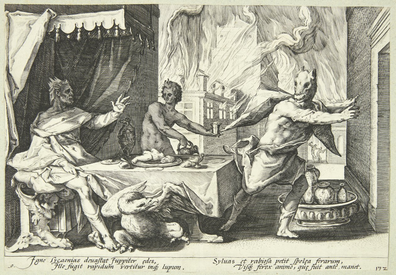 Lykaon verandert in een wolf door Hendrick Goltzius