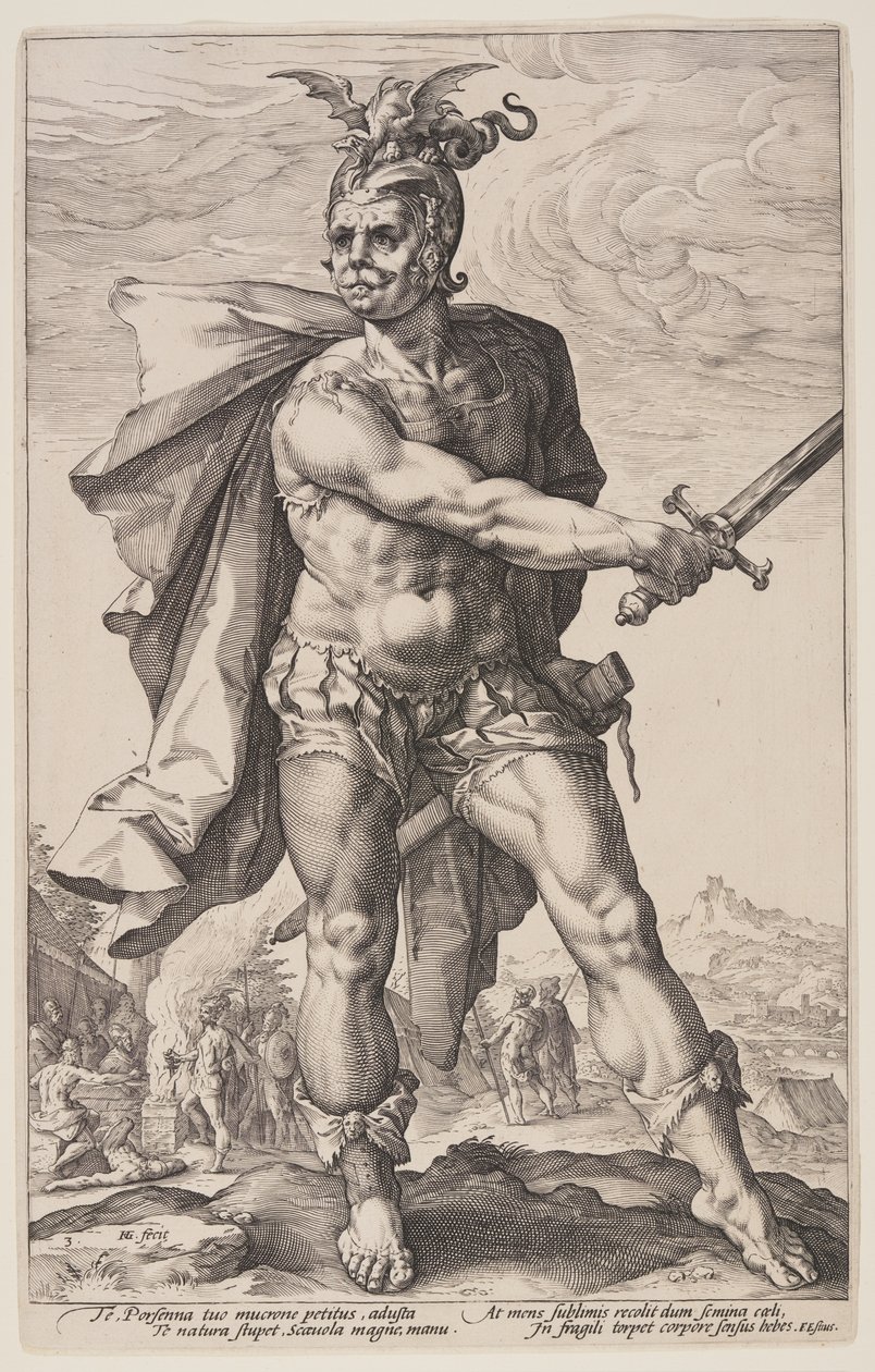 Mucius Scaevola, uit De Romeinse Helden door Hendrick Goltzius