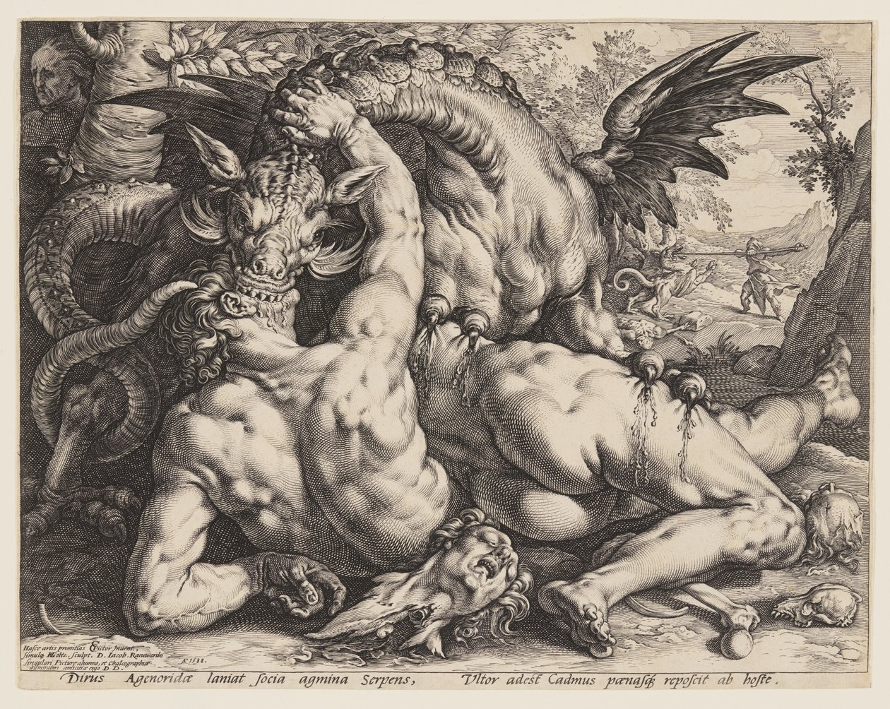 De draak die de metgezellen van Cadmus verslindt door Hendrick Goltzius