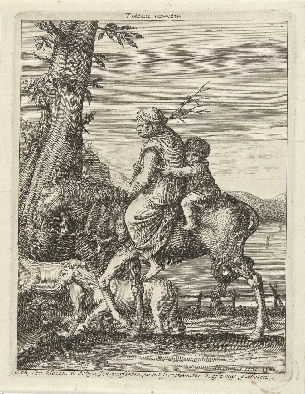 Vrouw en kind te paard door Hendrick Hondius (I)