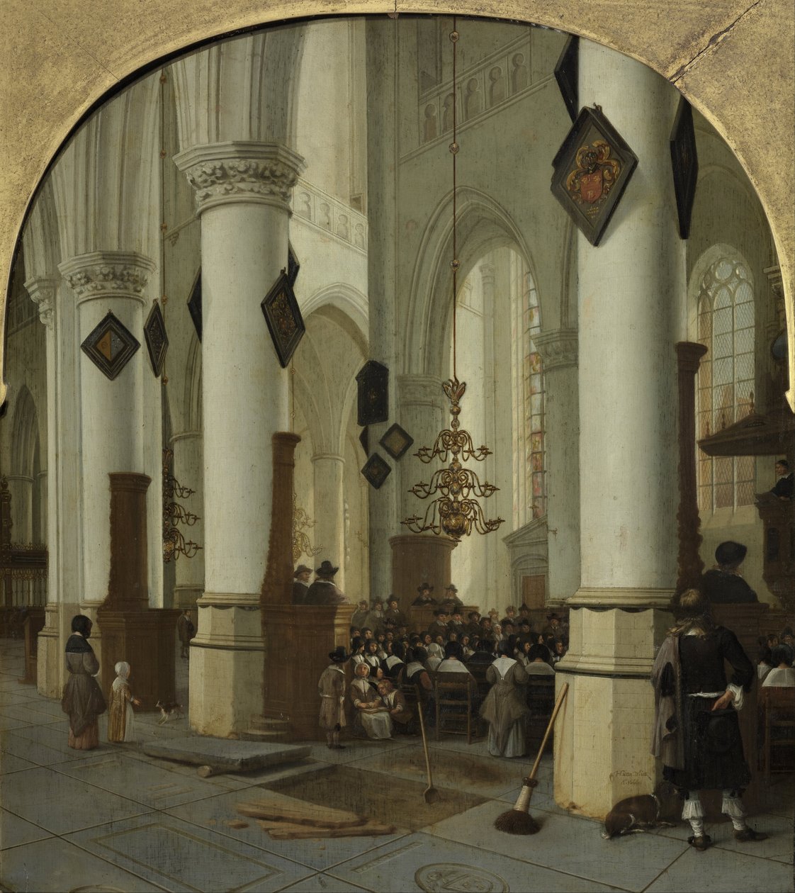Uitzicht binnen de Sint-Bavokerk in Haarlem tijdens de mis door Hendrik Cornelisz. van Vliet