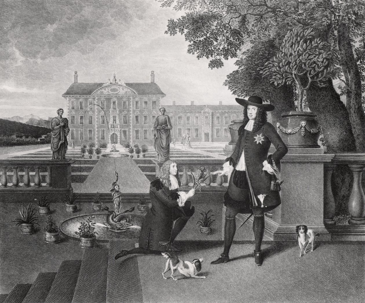 John Rose (ca.1621-77) de tuinman van de koning, presenteert Charles II (1630-85) de eerste ananas die in Engeland is gekweekt, bij Dorney Court, ca.1670 door Hendrick Danckerts