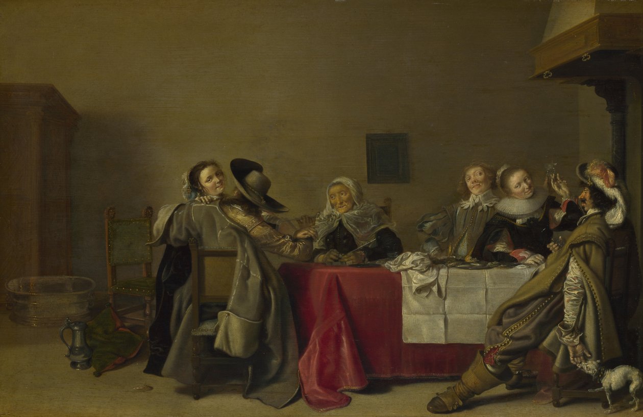 Een vrolijk gezelschap aan tafel, 1630 door Hendrik Gerritsz. Pot
