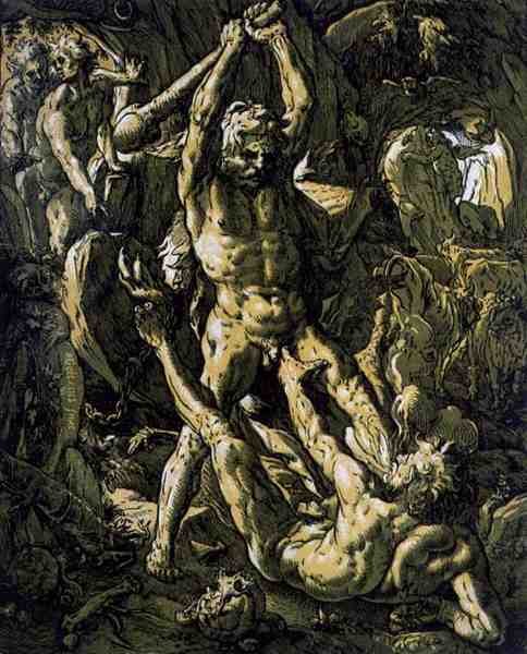 Hercules doodt Cacus door Hendrik Goltzius