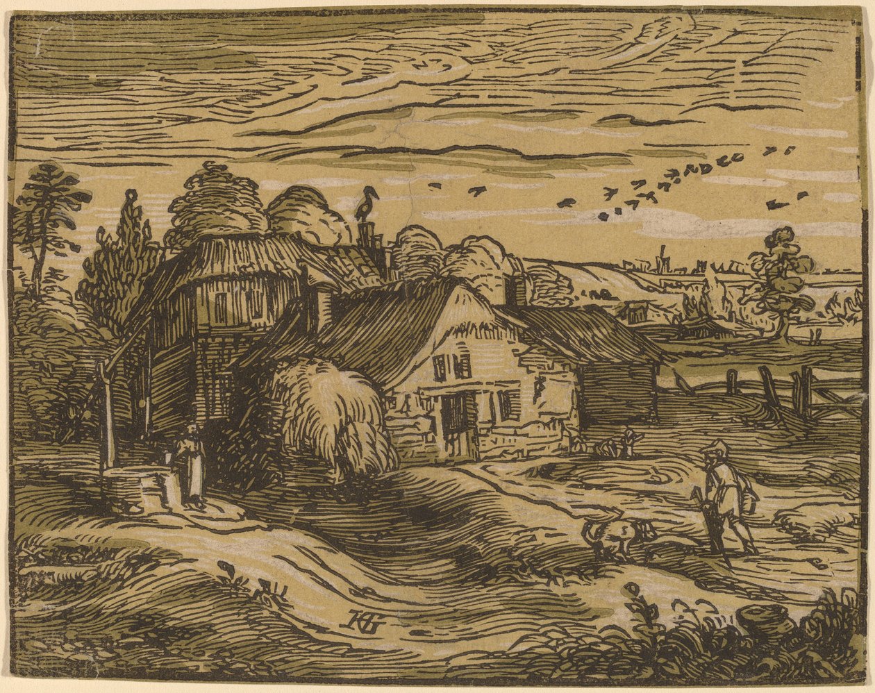 Landschap met een boerderij door Hendrik Goltzius