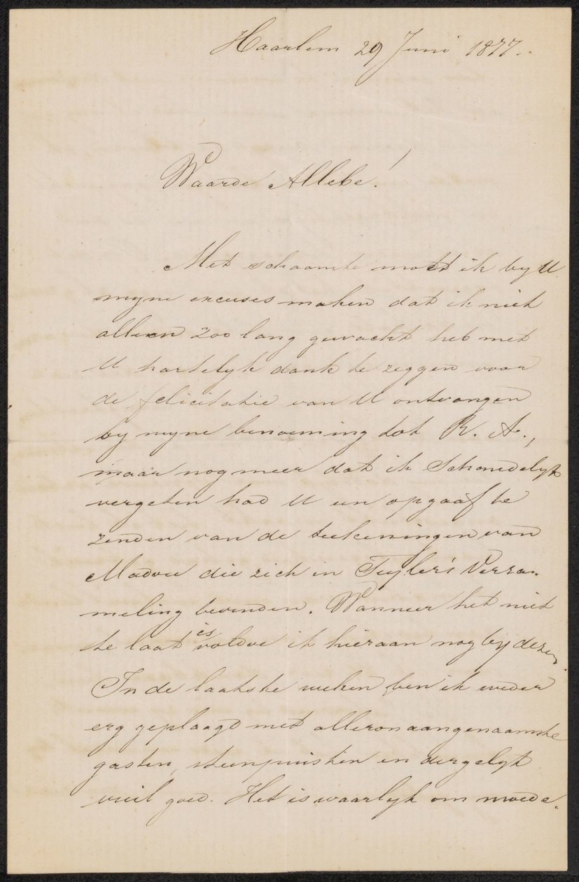 Brief aan August Allebé door Hendrik Jacobus Scholten