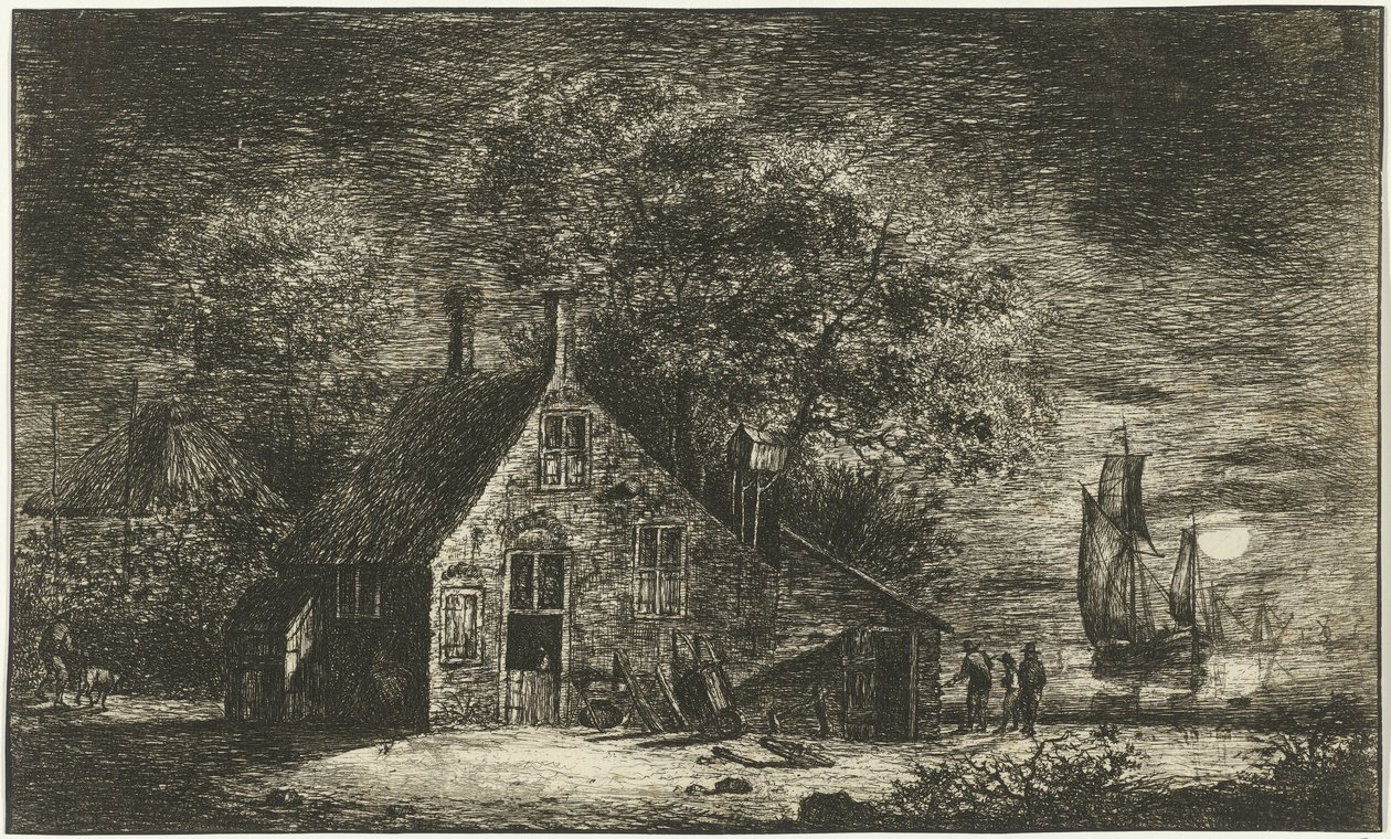 Boerderij aan een rivier door Hendrik Kobell