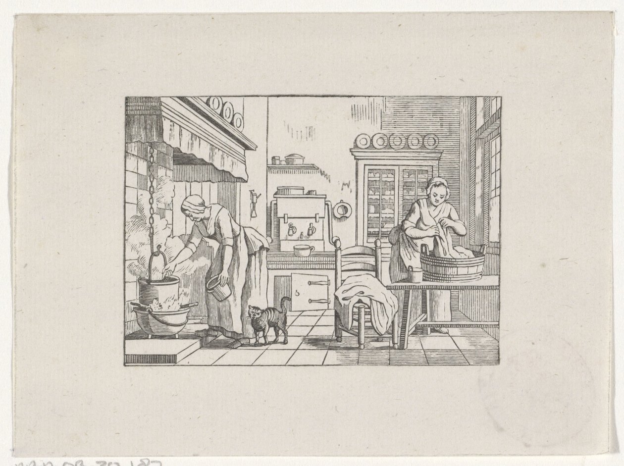 Keukeninterieur met twee vrouwen aan het werk door Hendrik Numan