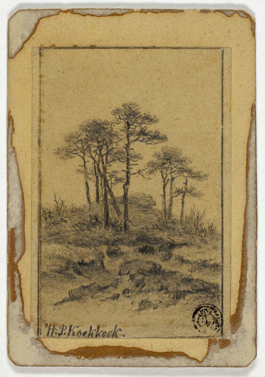 Bomen op Rotsachtige Heuvel door Hendrik Pieter Koekkoek