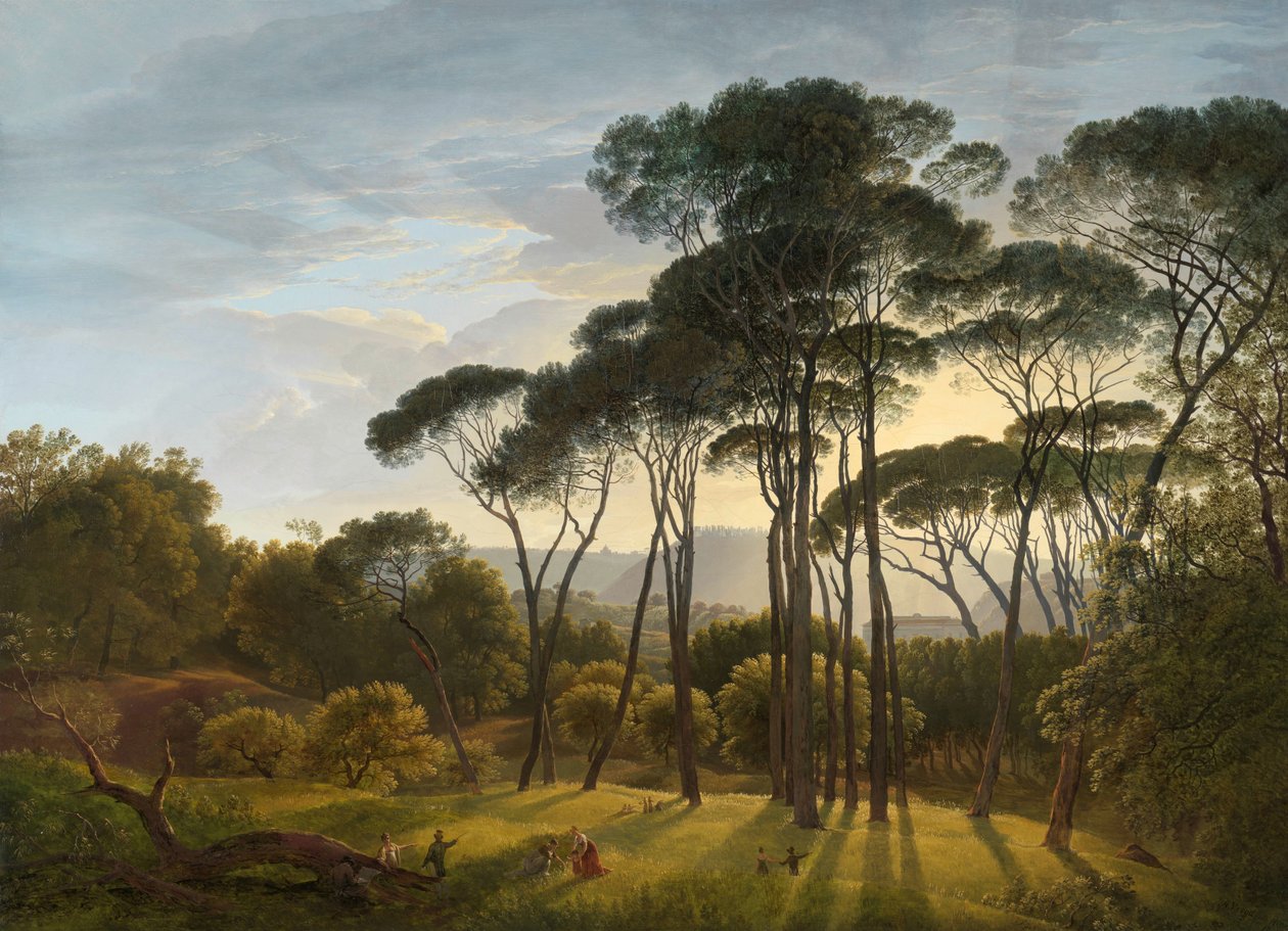 Italiaans landschap met parasoldennen door Hendrik Voogd