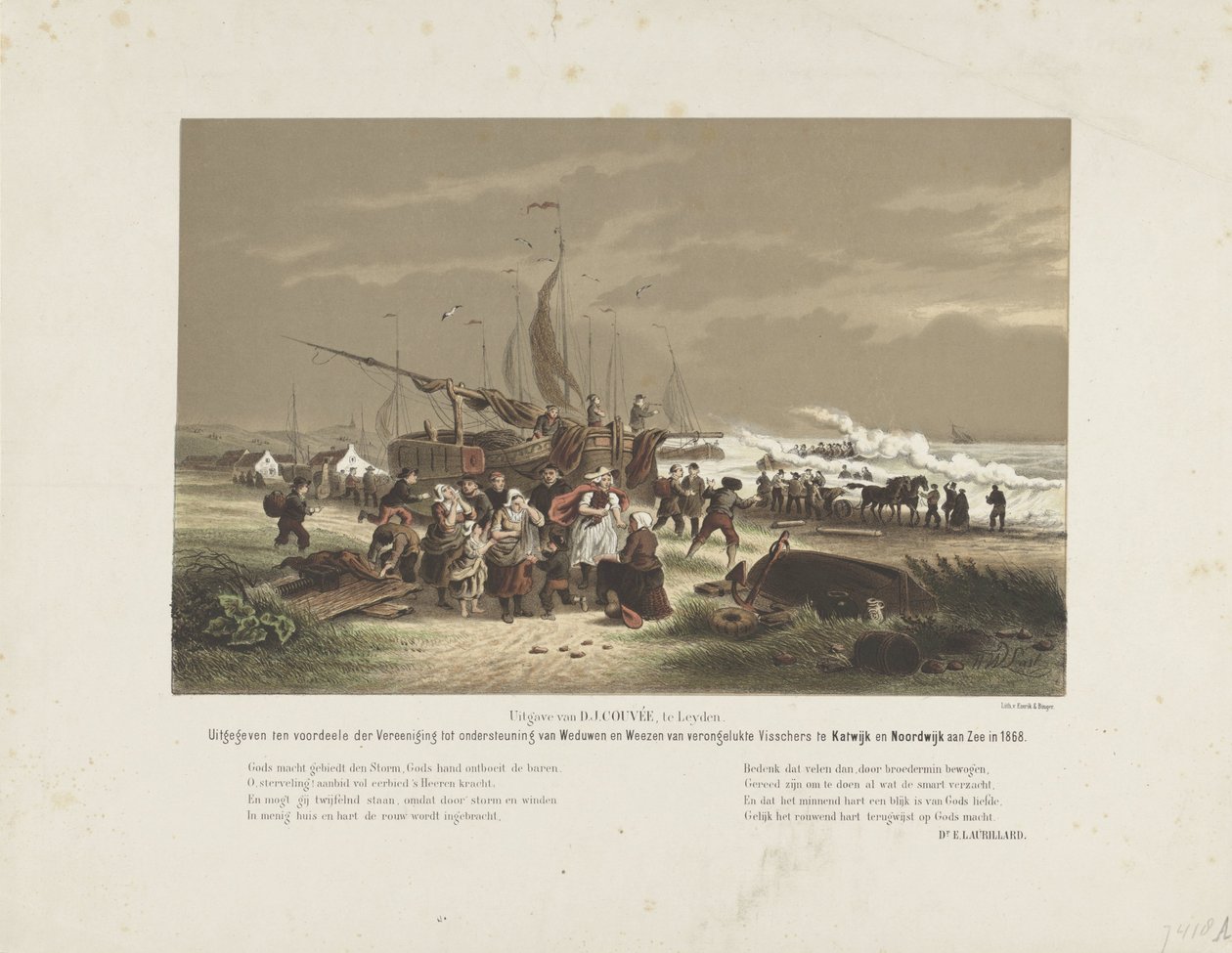 Strandgezicht met treurende vissersvrouwen, 1868 door Hendrik Wilhelmus Last