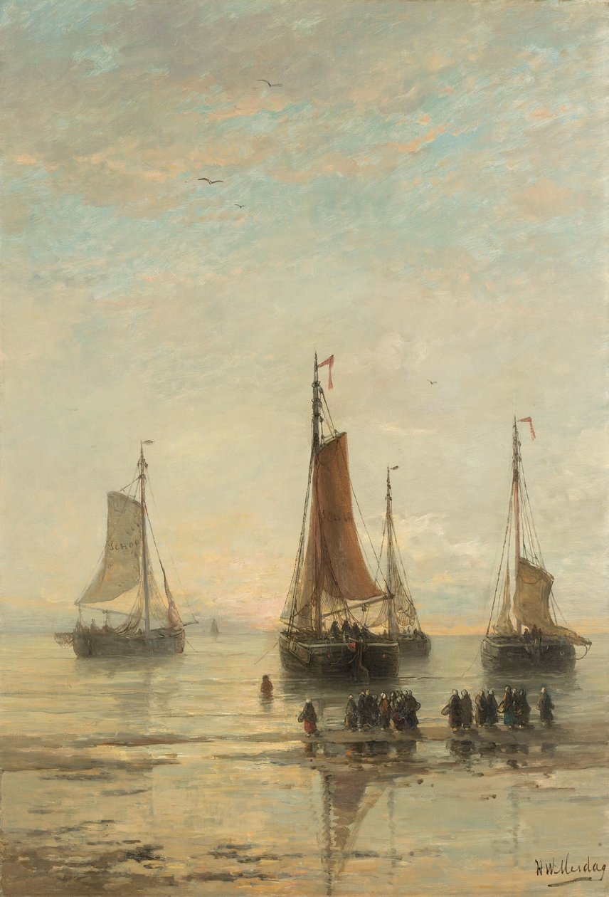 Scheveningse boten met stompe boeg voor anker door Hendrik Willem Mesdag