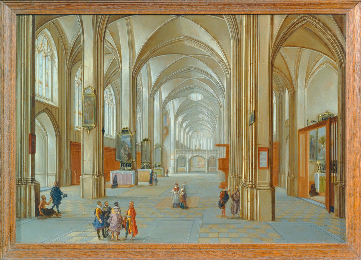 Kerkinterieur met bezoekers ... door Hendrik van Steenwyck