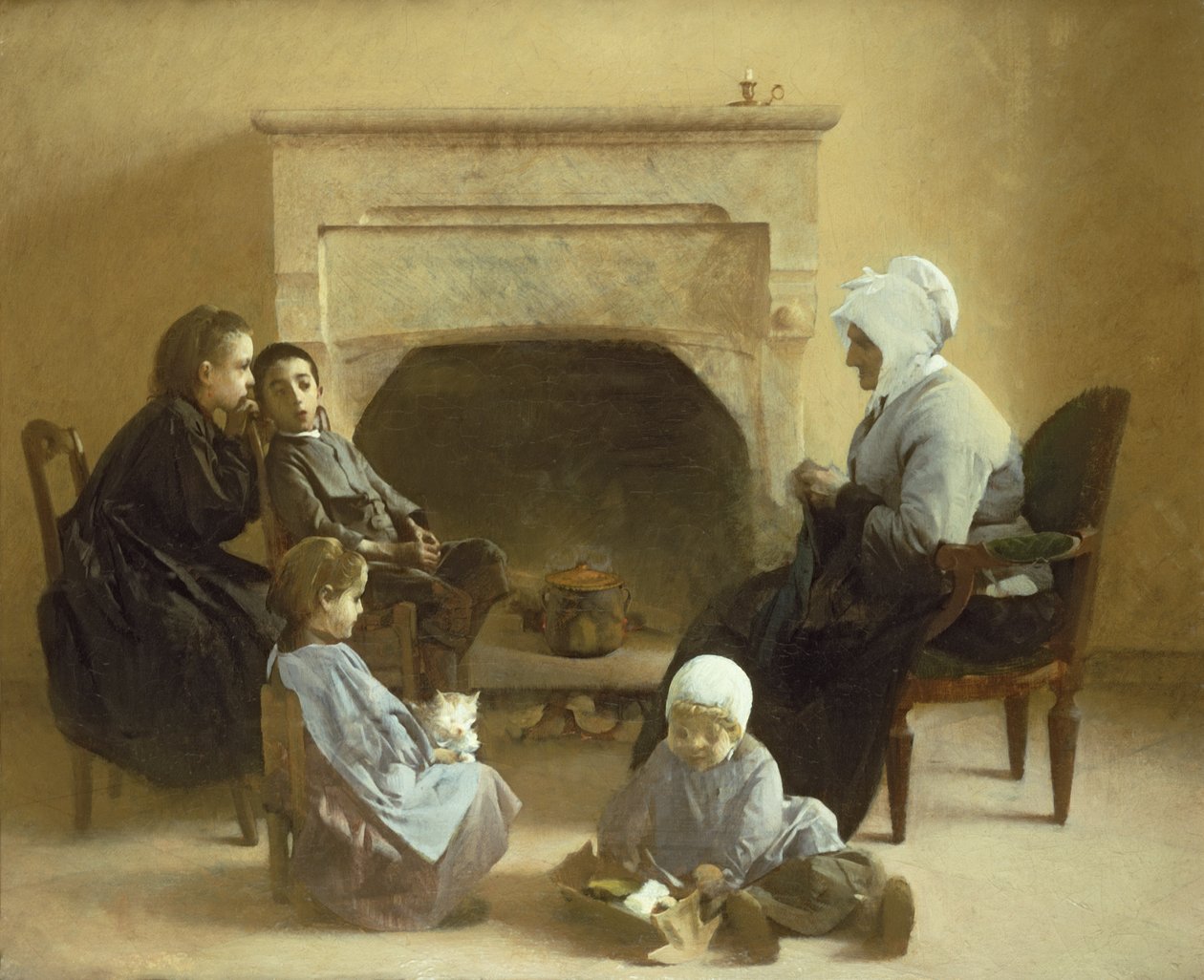 Familie zittend rond een haard door Henri Jules Jean Geoffroy