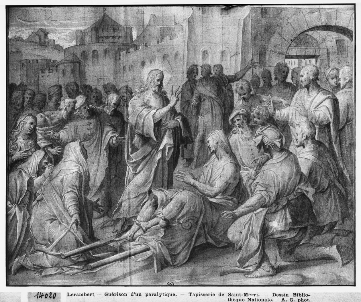 Leven van Christus, Jezus geneest een verlamde in Kapernaüm, voorbereidende studie van tapijtkarton voor de kerk Saint-Merri in Parijs, ca. 1585-90 door Henri Lerambert