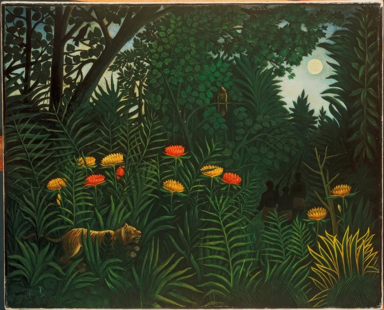 Exotisch landschap met tijger en jagers door Henri Rousseau