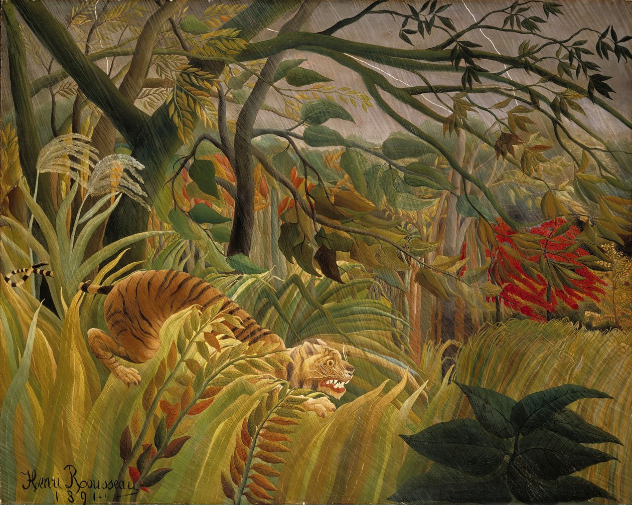 Tijger in een tropische storm door Henri Rousseau