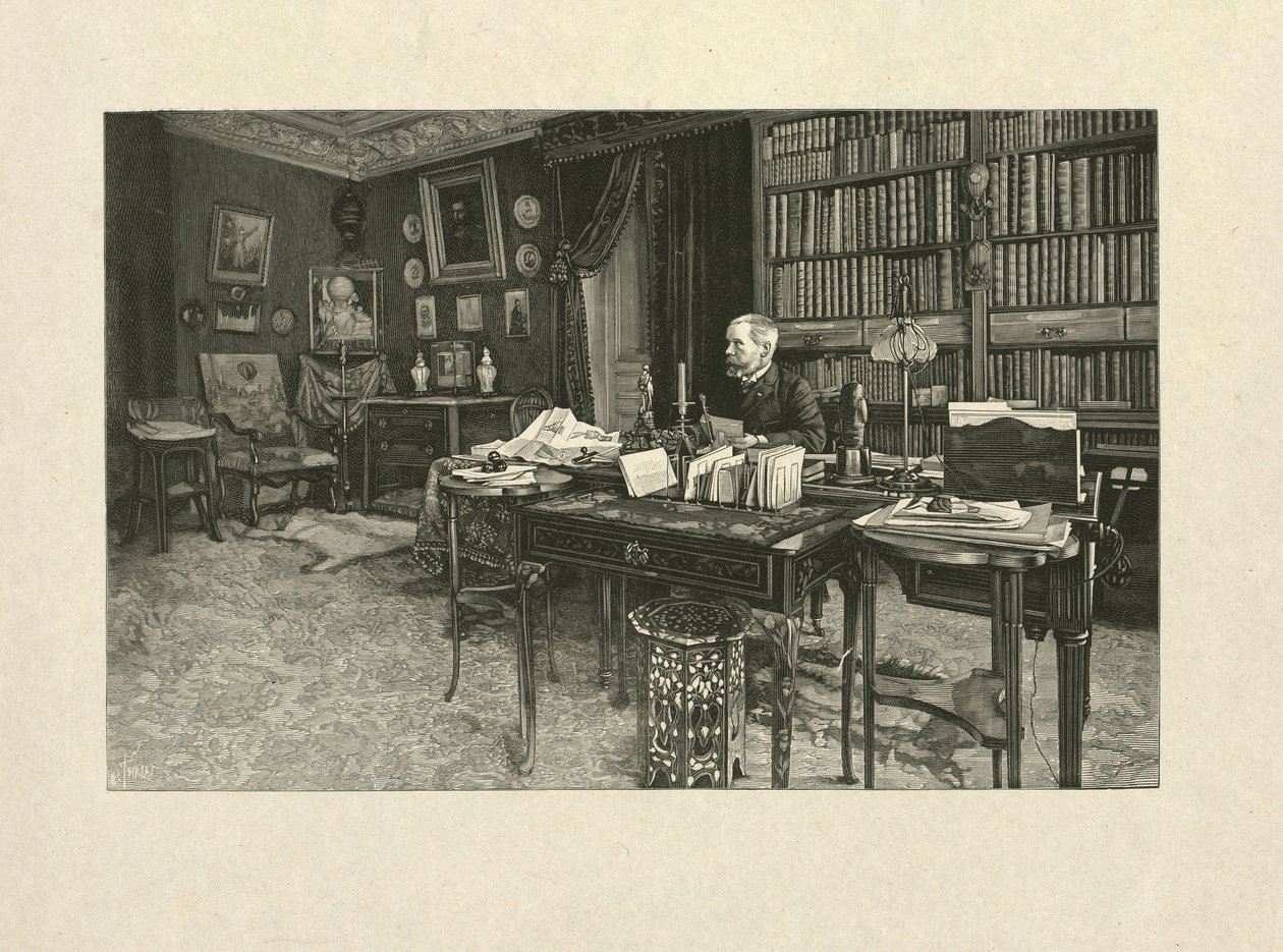 Gaston Tissandier, Franse ballonvaarder, zittend aan een bureau in zijn studeerkamer, 1880-1900 door Henri Thiriat